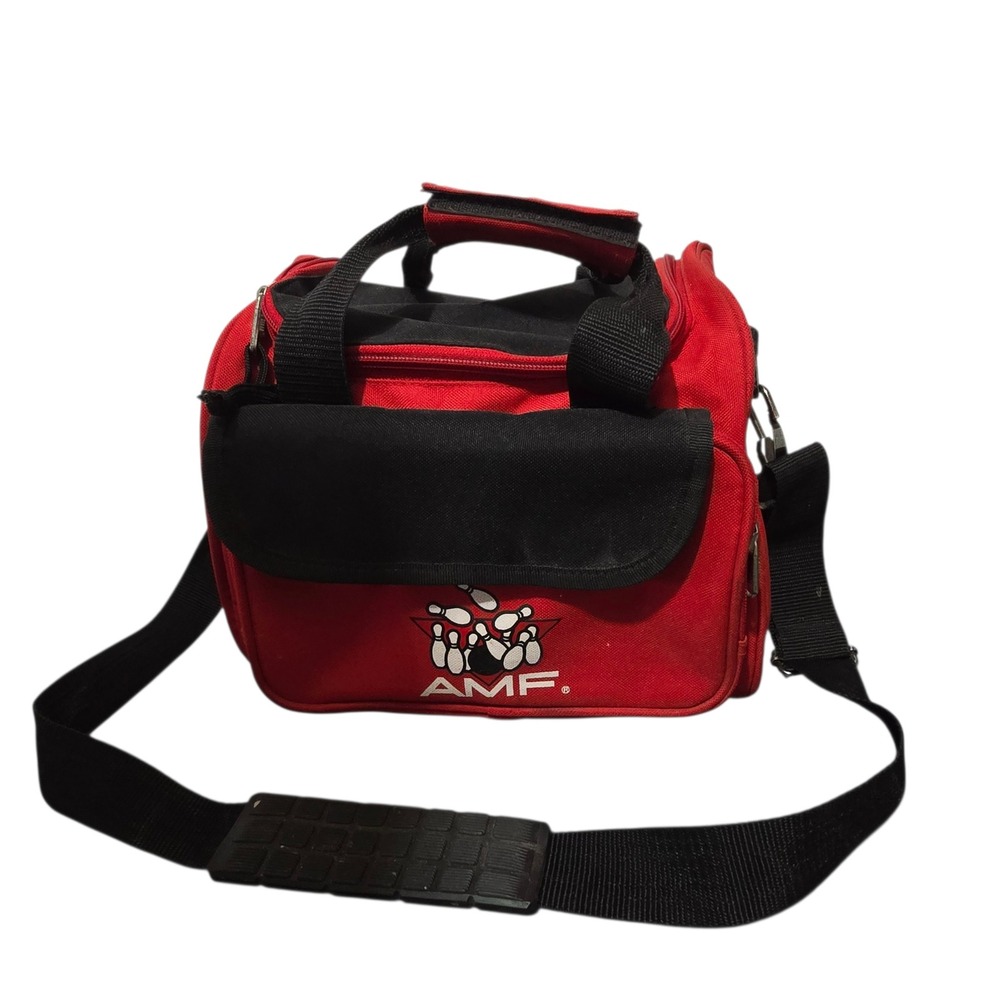 AMF Single Ball Bowling Bag Red Black Vintage Canvas Tote Shoulder Strap Logo